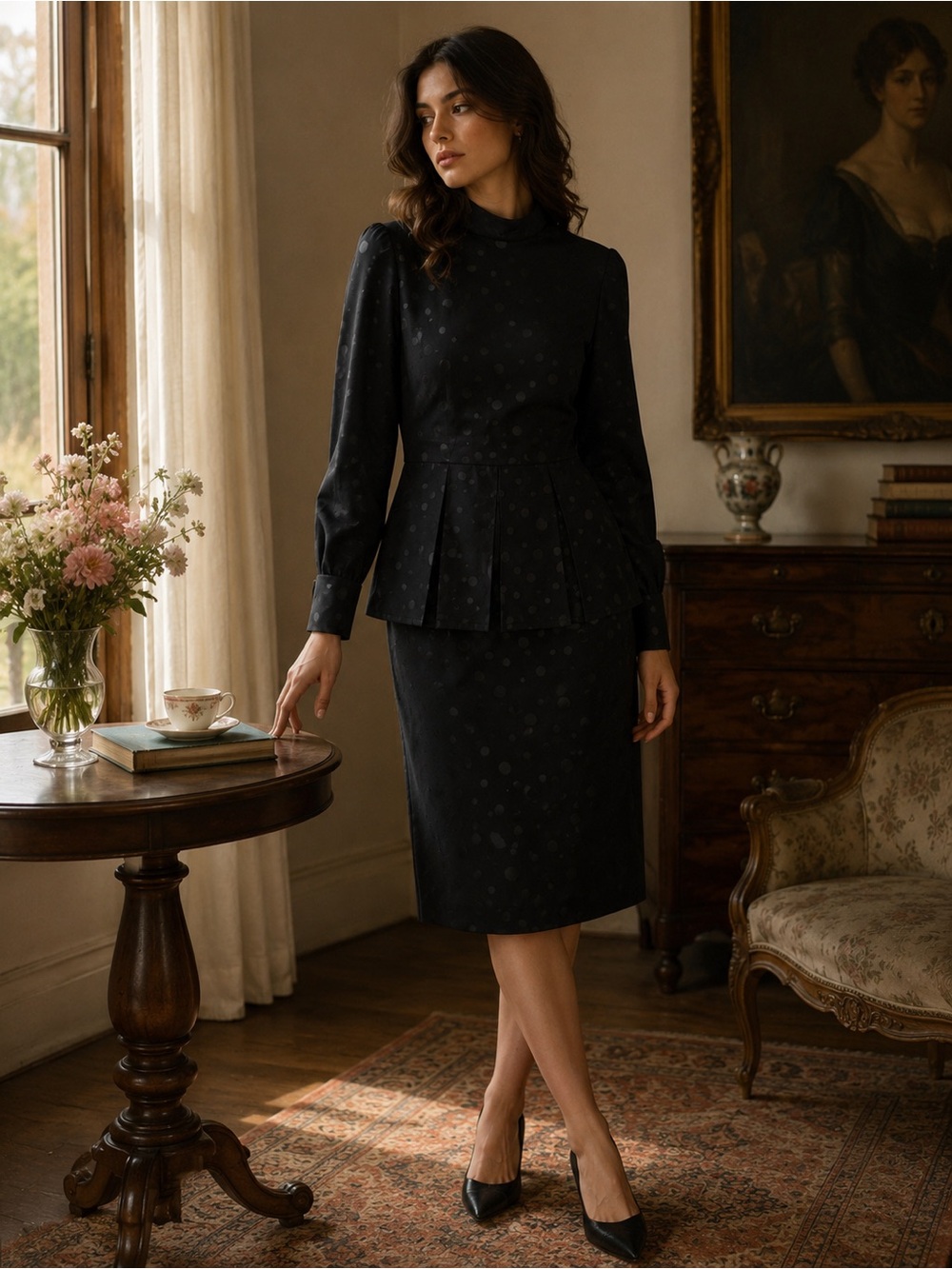 bill blass Black Long-Sleeve Midi Dress